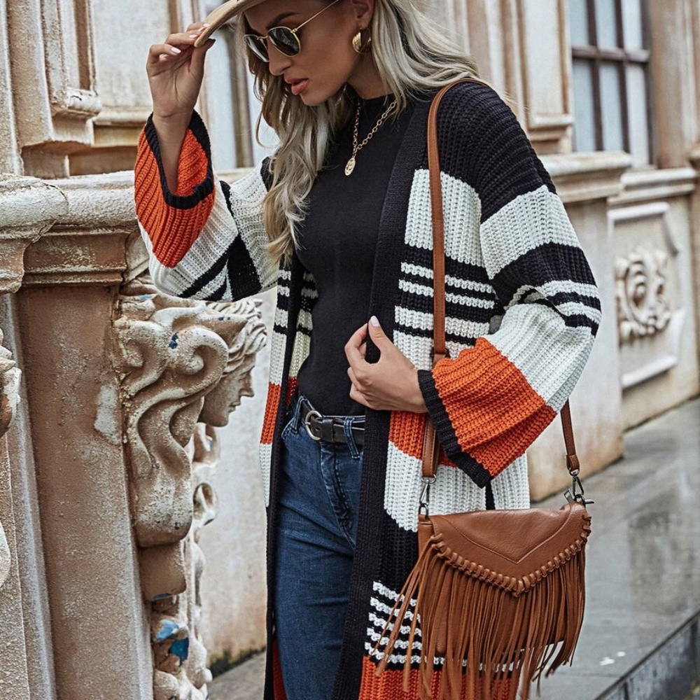 color block stripes open front long knit cardigan - Picture 3 of 6